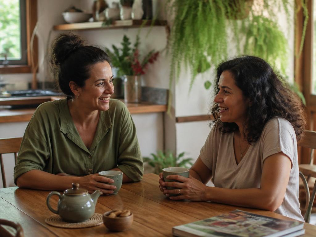Duas mulheres conversando à mesa da cozinha, com chá, em ambiente acolhedor