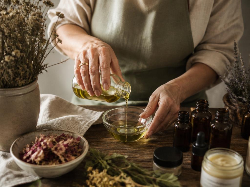 Mãos preparando uma formulação natural com óleos vegetais e ervas secas