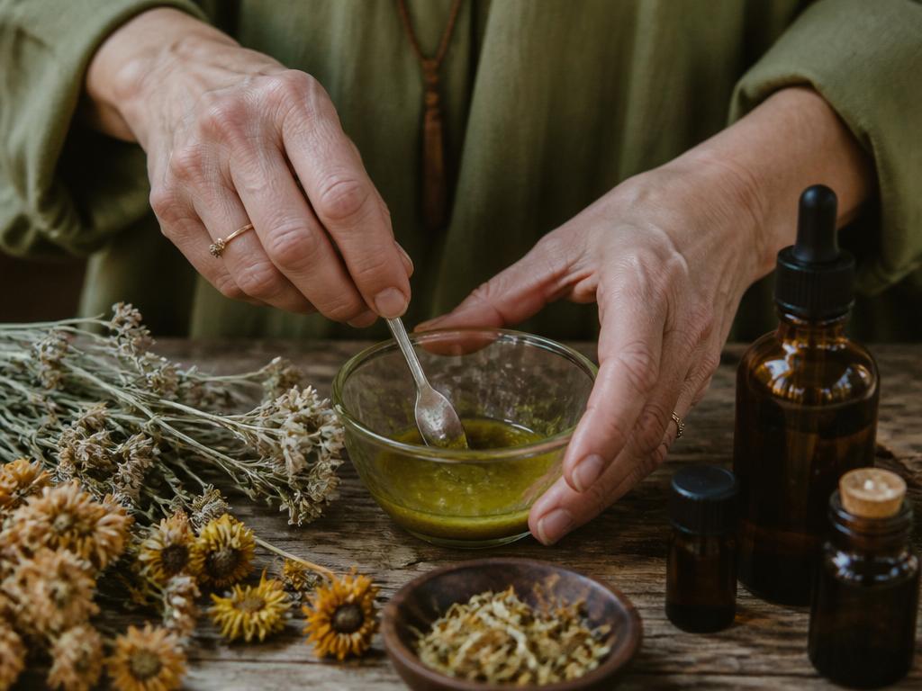Mãos de mulher madura preparando um bálsamo natural sobre a mesa