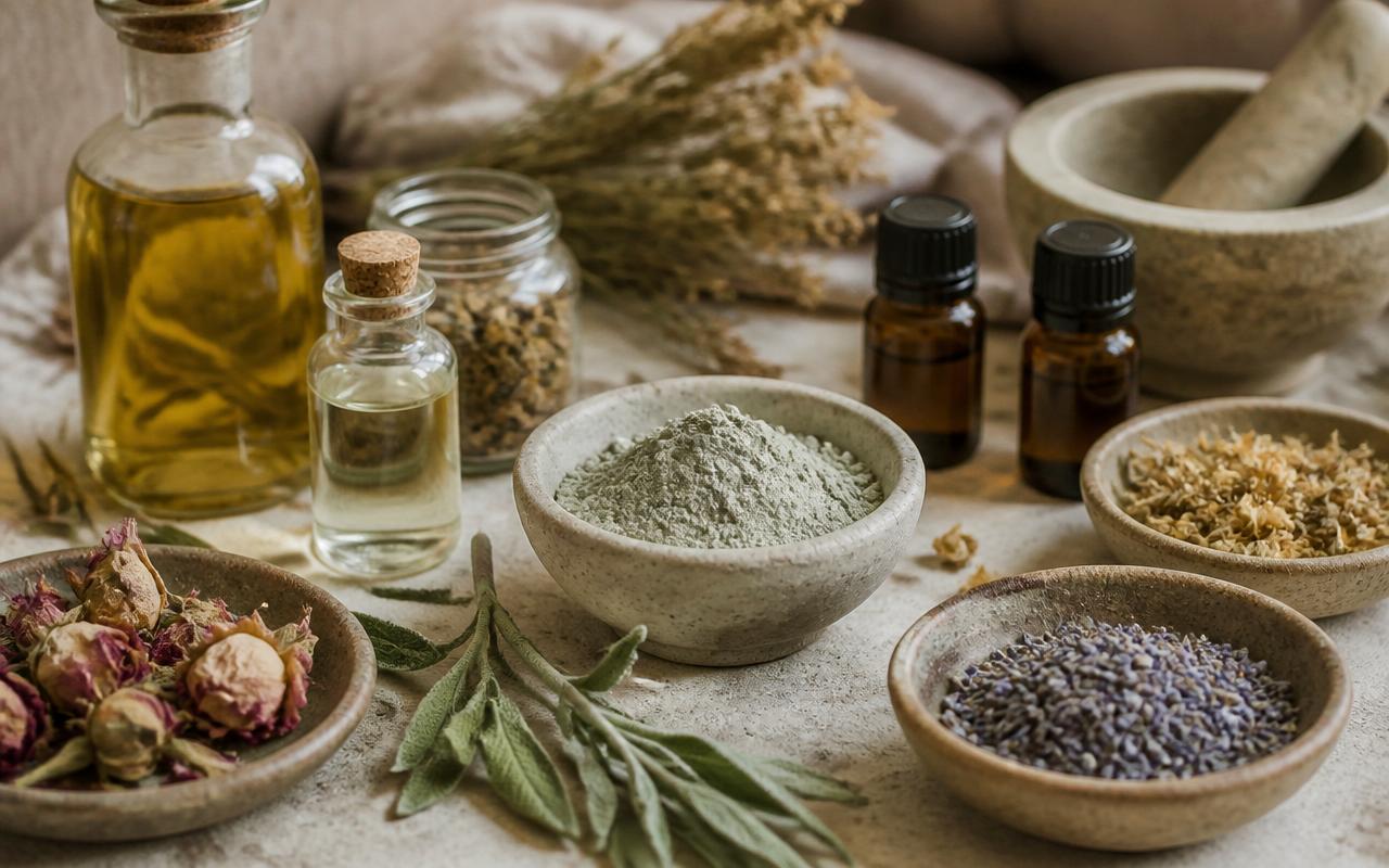 Óleos vegetais, óleos essenciais, argila e ervas secas para formulação
