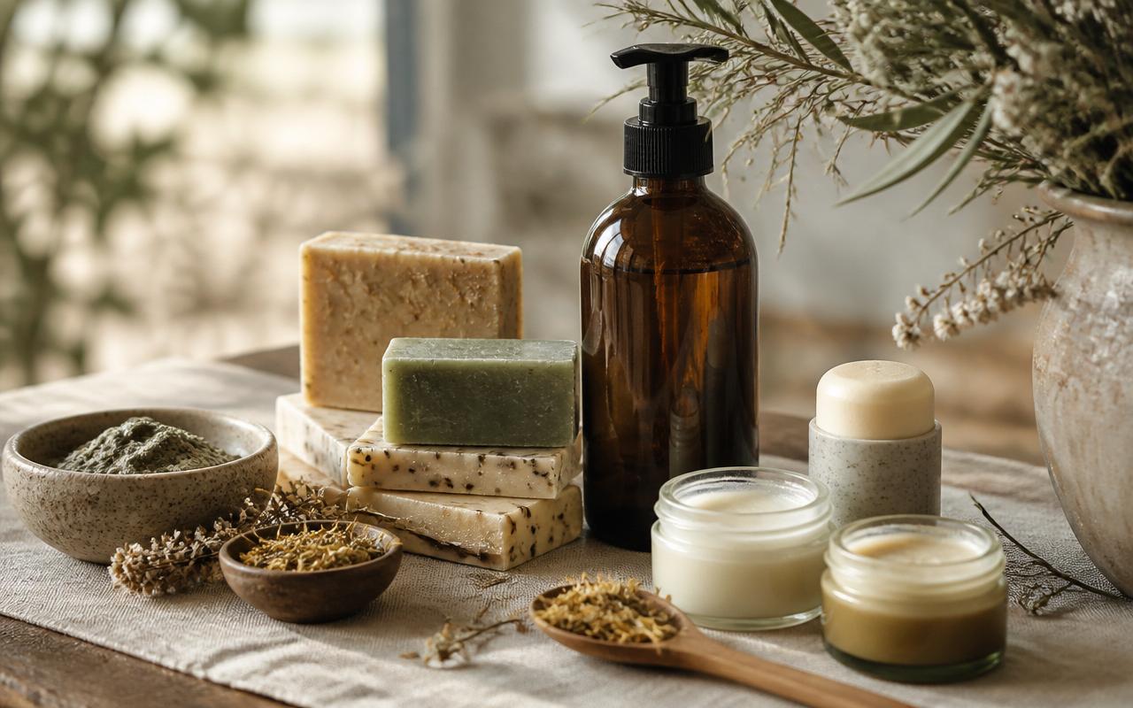 Sabonetes artesanais, shampoo, desodorante e bálsamos naturais sobre a mesa